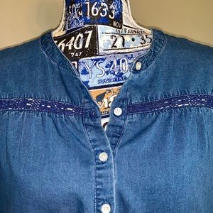 Crochet-inset denim shirt dress.